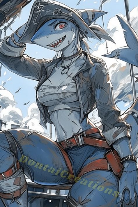 Using Midjourney and Niji to create a Shark captain sitting on her boat. If you like this and want to see more make sure to follow. Shark People Dnd, Street Sharks Tattoo, Shark Monster Art, Deathclaw Female, Human Shark Character Design, Squid Person, Shark Man Art, Were Shark, Shark Person