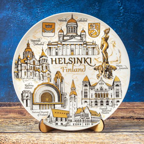 Souvenir Plates, Helsinki Finland, National Theatre, Decor Figurines, Porcelain Plate, Wall Plates, Wooden Stand, Porcelain Plates, Collectable Plates