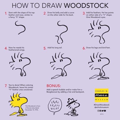 Drawing Peanuts Characters, How To Draw Woodstock, How To Draw Charlie Brown Characters, How To Draw Snoopy And Woodstock, Snoopy Bullet Journal, Snoopy Drawing, Snoopy Museum, Snoopy Museum Tokyo, Peanut Gallery