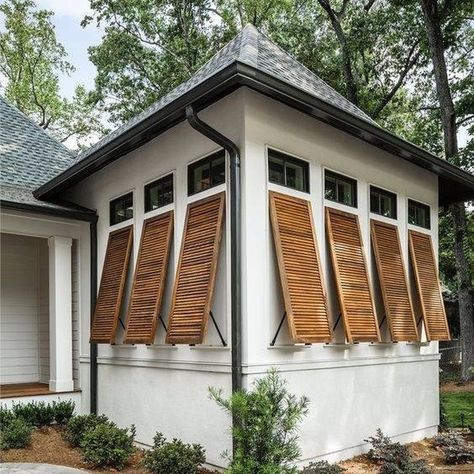 Southern Cottage on Instagram: “Channeling those warmer weather vibes with these custom, cypress, louvered style, Bahama shutters!” Shutters Or No Shutters, Bermuda Shutters, Types Of Shutters, Window Shutters Exterior, Bahama Shutters, Louvered Shutters, Southern Cottage, House Shutters, Home Exterior Makeover