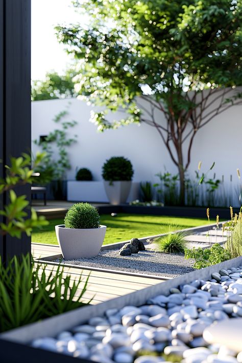 Modern garden with neatly trimmed bushes in large white pots, a pebble pathway, and lush green grass surrounded by trees and shrubs. Simple Modern Backyard Landscape Design, Minimal Landscape Design, Minimal Backyard, Backyard Simple, Inexpensive Backyard Ideas, Minimal Landscape, Handmade Lanterns, Landscape Design Ideas, Creative Planter