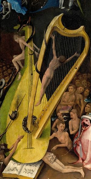 Harp from Hieronymous Bosch _Garden of Earthly Delights_ triptych. I love the detail in the painting; someday I will make a harp based on this. Jeronimus Bosch, Hieronymus Bosch Paintings, Robert Campin, Hieronymous Bosch, The Garden Of Earthly Delights, Lawrence Alma Tadema, Pieter Bruegel, Van Eyck, Earthly Delights