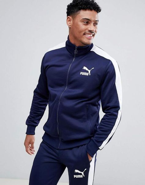 Puma Archive T7 Track Jacket In Navy 57265806 Puma Outfit Mens, Puma Tracksuit Mens, Mens Street Style Urban, Sporty Outfits Men, Puma Tracksuit, Puma Fashion, Tracksuits For Men, Puma Outfit, Shirt Collar Styles