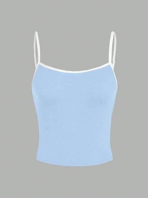 Baby Blue Casual Collar  Knitted Fabric Colorblock,Plain Cami Embellished Slight Stretch  Women Clothing Form Fitting Black Dress, Blue White Top, Cute Dress Outfits, Crop Top Hoodie, Women Tank Tops, Causual Outfits, Blue Tank Top, Light White, Summer Baby