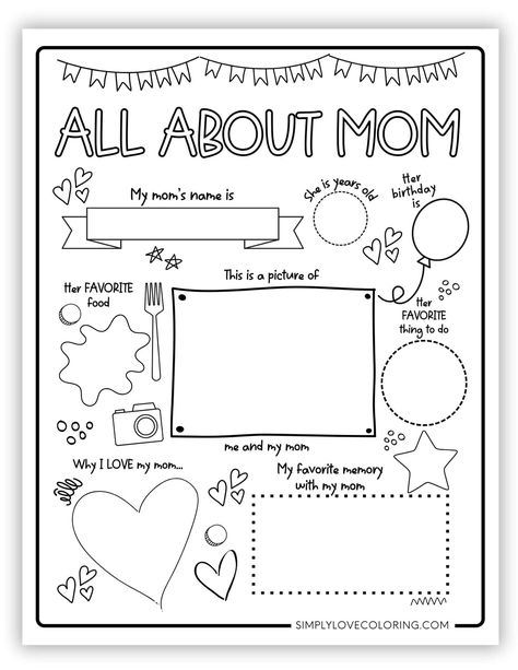 All About Mom Coloring Pages (Free PDF Printables) All About Mom Preschool, Coloring Practice Sheets, All About My Mom Free Printable, Happy Mothers Day Writing, Mothers Day Worksheets, Colour In Pages, Personal Dairy, All About My Mom, Road Trip Printables