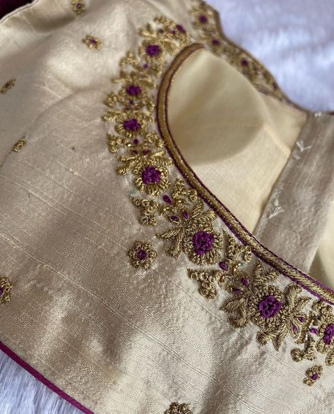 Cream Blouse Designs, Cream Work Blouse, Cream Blouse Work Design, Simple Zardosi Work Blouses, Bidri Work, Embroidery Designs For Blouses, Blouse Designs High Neck, Scoop Neck Blouse, New Saree Blouse Designs