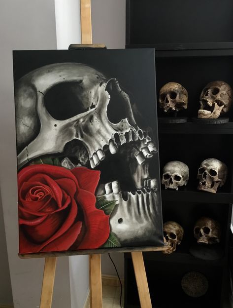 Skull And Flower Painting, How To Paint A Skull, Skull And Roses Painting, Gothic Art Painting, Skull Canvas Painting, Edgy Paintings, Gothic Painting Ideas, Skull Painting Ideas, Skull Oil Painting