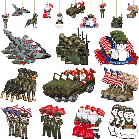 PRICES MAY VARY. Army Ornaments Sets: you will receive 30 pieces of military Christmas marines ornaments for Christmas tree decorations in 10 styles, printed army snowman, army Santa, military soldiers, army boots, Christmas Americana flag, Christmas army truck, Christmas military airplane, Christmas marines dogs, colorful design, making your Christmas party shinning Military Christmas Ornaments Application: the army ornament for Christmas tree decorations are suitable for American army family, Marine Corps Christmas Tree, American Flag Boots, Airplane Christmas, Marine Dog, Army Christmas, Decoration For Christmas Tree, Coming Home For Christmas, Military Christmas, Military Signs