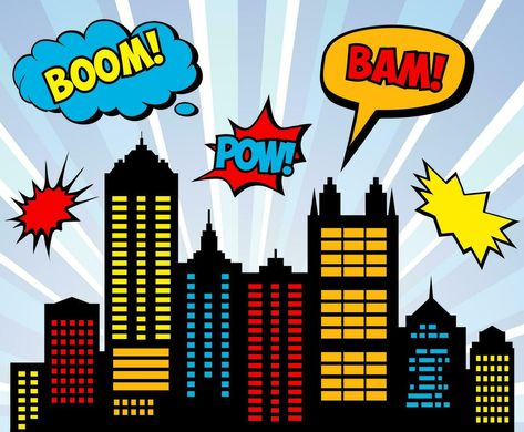 Batman Party Favors, Superhero City, Skyline Landscape, Superhero Clipart, Godzilla Birthday, Spiderman Party, City Cartoon, City Silhouette, City Background