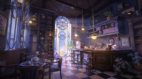 ArtStation - The Iris Den, Keira Santoso Interior Concept Art, The Art Showcase, Blue Cafe, Cafe Concept, Art Showcase, Fantasy Rooms, Concept Art Tutorial, Landscape Concept, Background Drawing