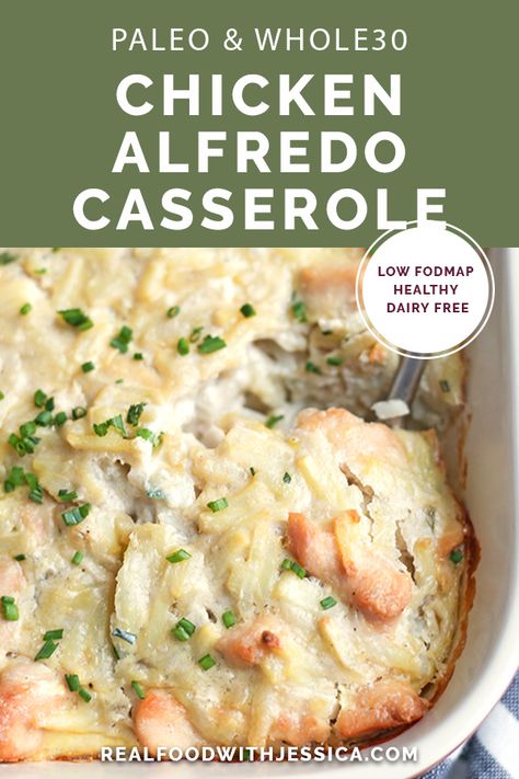 This Paleo Whole30 Chicken Alfredo Casserole is easy to make and pure comfort food. Tender chicken and potatoes covered in a creamy sauce. Gluten free, dairy free, and low FODMAP. Paleo Casserole, Alfredo Casserole, Chicken Alfredo Casserole, Alfredo Chicken, Whole30 Chicken, Against All Grain, Chicken And Potatoes, Paleo Whole 30, Paleo Dinner