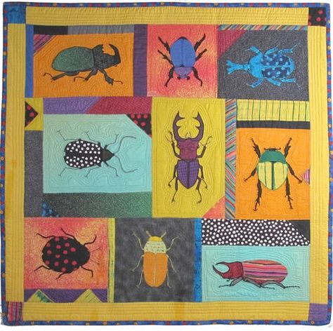 Beetles, 37 x 37", quilt design by Mark Konchinsky.  Pattern at Critter Pattern Works Bug Quilt, Machine Applique Patterns, Farmers Wife, Butterfly Quilt, Fabric Postcards, Fabric Sewing Patterns, Paper Pieced Quilt, Miniature Quilts, Animal Quilts