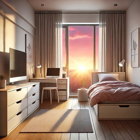 A minimalist teenage bedroom with a cozy and modern design. The room features a single bed with storage drawers, plain bedding, and a sleek desk with a computer and minimal decor. Wooden flooring adds warmth to the space. A large window offers a vibrant view of a pink and orange sunset, with rays of light streaming into the room, creating a serene ambiance. The perspective is a straight-on view, showing the bed, desk, and window as the primary focus, capturing a calm and tranquil atmosphere. Single Bed With Storage, Pink And Orange Sunset, Plain Bedding, Bed With Storage Drawers, Sleek Desk, Rays Of Light, Bed Storage Drawers, Orange Sunset, Large Window