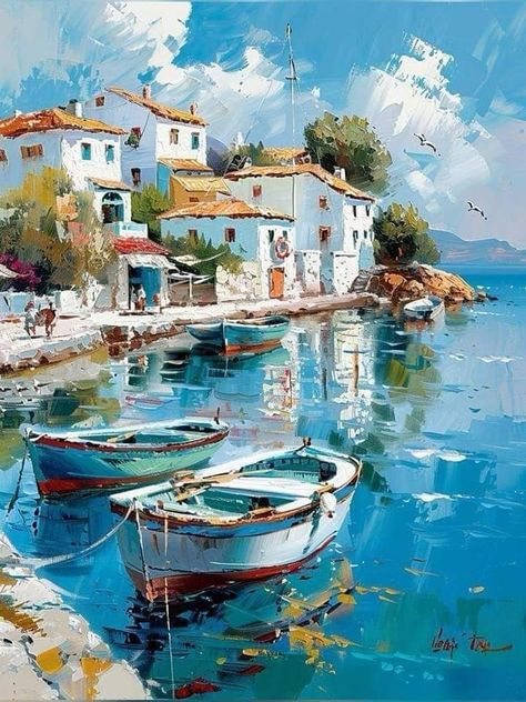 Sea Shore Drawing, Greek Paintings, Paintings Pictures, Italy Poster, Watercolor Architecture, Soyut Sanat Tabloları, Boat Painting, Cottage Art, Landscape Art Painting