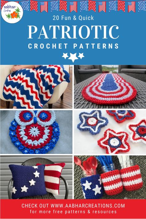 Super fun and easy crochet patriotic patterns! Red White And Blue Crochet Patterns, Crochet Independence Day, Patriotic Gnome Crochet Pattern Free, 4th Of July Crochet Patterns, Fourth Of July Crochet Patterns Free, Fourth Of July Crochet, Americana Crochet, Red White And Blue Crochet, Crochet Earring Patterns