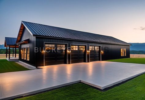 Modern Storage Building, Garage Separate From House, Front Of Modern House, 1 Level Barndominium With Garage, Modern One Level Homes, All Black Farmhouse, Metal Shop Building 40x60, Mountain Barndominium, Contemporary Farmhouse Plans