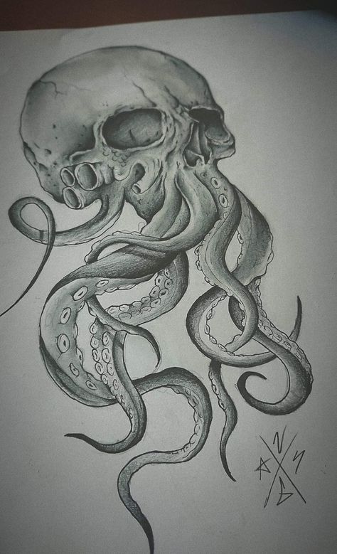 Skull Kraken Tattoo Design, Octopus Thigh Tattoos, Ocean Creatures Art, Octopus Artwork, Skate Bord, Patch Tattoo, Kraken Tattoo, Creepy Paintings, Tentacle Art