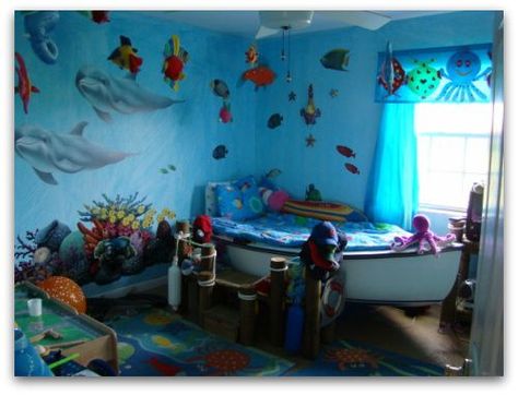 When we were kids, are bedrooms were pretty barren compared to some of the truly inspiring rooms that some kids have today. Back when we were young, we were lucky to have a desk in the corner with a rolly … Under The Sea Bedroom Kids, Ocean Bedroom Kids, Sea Bedroom Ideas, Under The Sea Bedroom, Underwater Bedroom, Sea Bedrooms, Underwater Room, Ocean Bedroom, Fairytale Bedroom