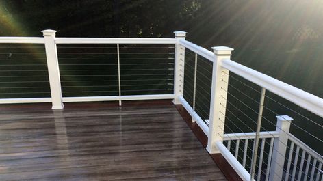 TimberTech RadianceRail in Coastal White installed with CableRail with DeckLites Post Light Modules Timber Tech Deck, White Railing, Composite Railing, Cable Railing Deck, White Deck, Deck Railing Design, Laying Decking, Brick Columns, Decking Area