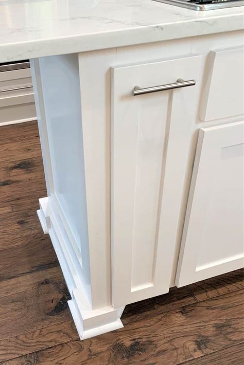 Counter End Cap Ideas, Kick Plate Ideas, Standard Overlay Shaker Cabinets, Cabinet Toe Kick Trim, Kitchen Island Ends, Kraftmaid Toe Kick Drawer, Budget Friendly Kitchen, Toe Kick Drawer, Cabinet Update