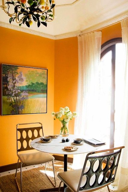 Rental Diy, Orange Dining Room, Colorful Walls, Yellow Dining Room, Tropical Kitchen, Eclectic Dining Room, Color Of The Week, Eclectic Dining, Spanish Style Home