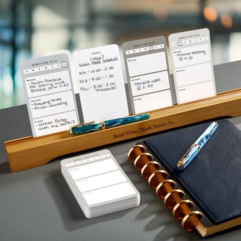 notepads and pen sitting on top of a desk next to a wooden stand Vision Board Prompts, Task Organization, Work Desk Organization, Office Planner, Planner Cards, Planner Goals, Study Cards, Product Inspiration, Unique Planner