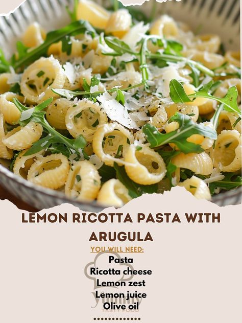 🍋🍝 Delight in our Lemon Ricotta Pasta with Arugula for a fresh meal! 🍋🍝 #PastaLovers #FreshFlavors Lemon Ricotta Pasta with Arugula Ingredients: Pasta (12 oz) Ricotta cheese (1 cup) Lemon zest (1 tbsp) Lemon juice (1/4 cup) Olive oil (2 tbsp) Garlic (2 cloves, minced) Arugula (2 cups) Parmesan cheese (1/2 cup, grated) Salt (1 tsp) Pepper (1/2 tsp) Instructions: Cook pasta according to package instructions. Drain and set aside. In a skillet, heat olive oil and sauté garlic until fragrant. ... Pasta With Arugula, Lemon Ricotta Pasta, Arugula Pasta, Fresh Meal, Ricotta Pasta, Lemon Ricotta, Lemon Pasta, Sausage Pasta, Ricotta Cheese