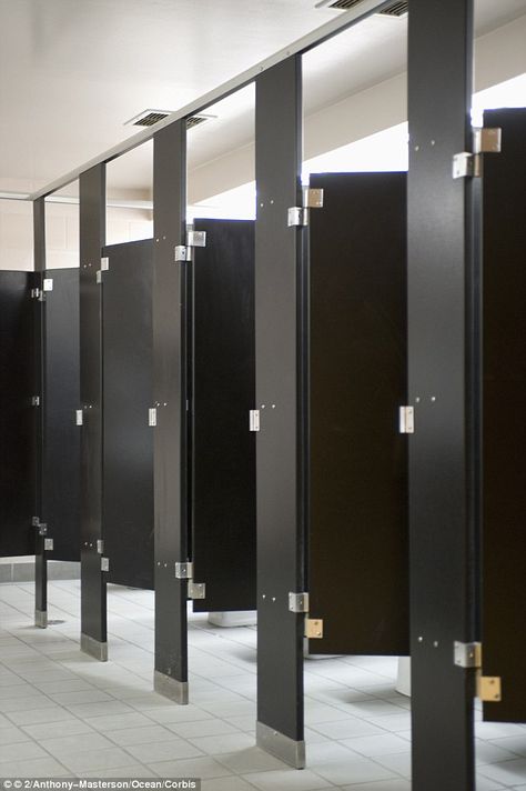 Ladies Restroom, Dance Studio Decor, Toilet Cubicle, Bathroom Stall, Silver Bathroom, Restroom Design, Ladies Room, Black Toilet, Bathroom Partitions