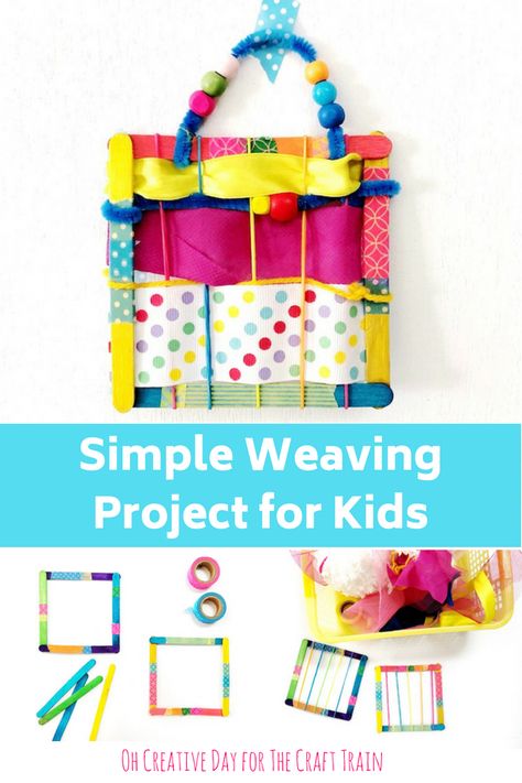 Simple weaving project for kids. Create colourful works of art using craft sticks and ribbon scraps #finemotor #weaving #kidscrafts Preschool 3d Art, Weaving Projects Ideas, Prek Art, Clothes Study, Simple Weaving, Train Projects, Fine Motor Activity, Weaving For Kids, Fine Motor Activities For Kids