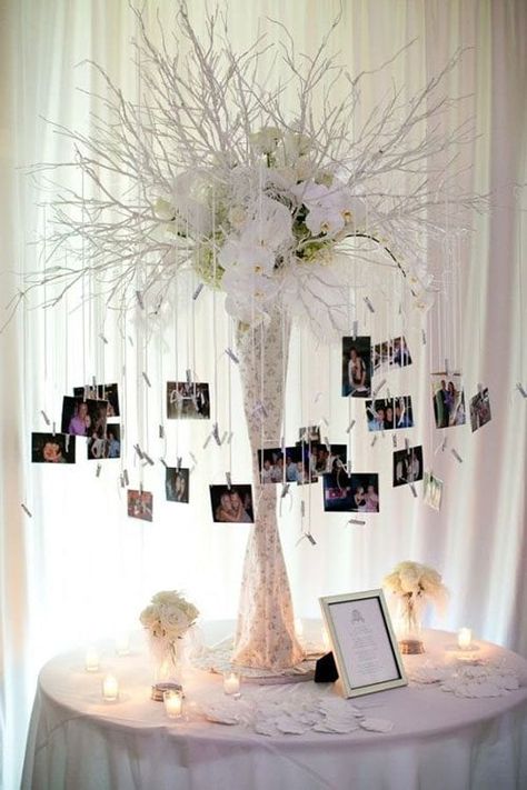 14 Ways to Honor Deceased Loved Ones at Your Wedding | Woman Getting Married Diy Photo Display, Wedding Photo Display, Exposition Photo, Wedding Ceremony Ideas, Tree Centerpieces, Party Table Decorations, Tree Wedding, Wedding Moments, Trendy Wedding