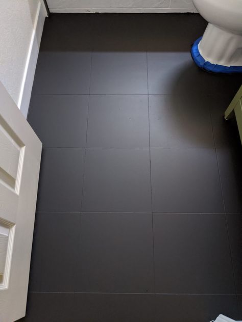 Diy Painting Floor Tiles, Bathroom Painted Tile Floor, Bathroom Remodel Painted Tile, Painted Textured Tile Floor, Painted Tiled Floors, Floor Over Tile Bathroom, Charcoal Gray Bathroom Floor, Painting Ceramic Tile Shower Wall, Painting Tile Floor Black