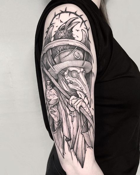 T H O M A S B A T E S on Instagram: “Plague Doctor for Elle. Thank you. Email: tombatesart@gmail.com . . . . . #fineline #blacktattooart #illustration #insta_blackwork #uktta…” Plague Doctor Tattoo, Doctor Tattoo, Thank You Email, Creepy Tattoos, Watch Tattoos, Gothic Tattoo, Different Tattoos, Best Sleeve Tattoos, Wings Tattoo