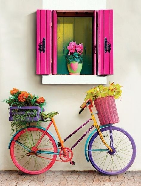 Bike Planter, Pink Bicycle, Apartment Patio, Bicycle Art, Patio Decorating, Design Bedroom, World Of Color, Shutters, Decorative Painting