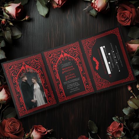 Embrace the allure of darkness with our gothic Victorian tri-fold wedding invitations. Featuring a vampire cathedral design that evokes an air of mystery and romance. Perfect for those seeking an unforgettable, dramatic touch to their wedding. Swipe to see the available colors. 🦇 Order Yours Today! 🦇 For more invitations and gifts visit our Zazzle shop: https://www.zazzle.com/store/thepaperiegarden #ZazzleMade #wedding #weddinginvites #weddingstationery #weddinginvitation #weddingplanner ... Gothic Wedding Decorations, Dark Wedding Invitations, Horror Wedding, Gothic Wedding Cake, Victorian Gothic Wedding, Tri Fold Wedding Invitations, Black And Red Wedding, Cathedral Design, Gothic Wedding Theme