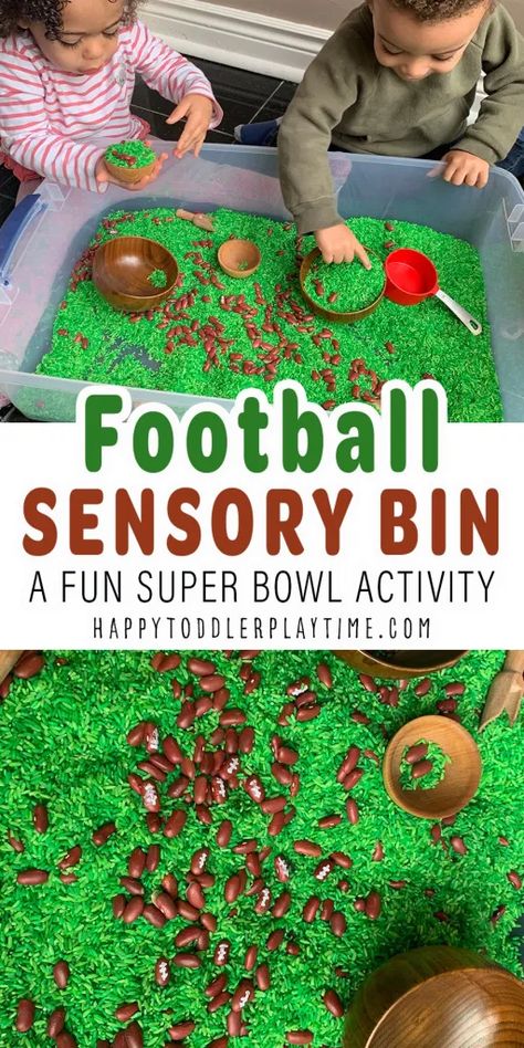 Sports Themed Literacy Night, Rice Crafts Ideas For Preschool, Sports Themed Crafts For Toddlers, Chiefs Activities For Kids, Sports Sensory Bin Preschool, Football Preschool Activities, Letter F Sensory Bin, Preschool Sports Activities, Sport Crafts For Preschool