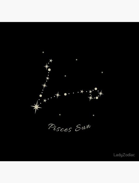 Black background with gold graphics. In script font reads 'Pisces Sun'. Above is the Pisces Zodiac sign constellation in stars. Pices Constellation Tattoo, Pices Constellation, Constellation Aesthetic, Star Tattoo On Wrist, Pisces Constellation Tattoo, Zodiac Aesthetic, Pisces Sun, Constellation Poster, Sun Poster