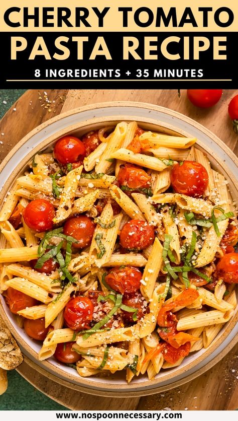 This quick and easy Cherry Tomato Sauce Pasta recipe is about to become your favorite summer sidekick. Simply made with just 10 ingredients in about 30 minutes, this pasta dish with burst tomatoes, fresh basil, garlic, and parmesan cheese is the perfect way to showcase your garden’s bounty. Grape Tomato Recipes Pasta, Pasta With Cherry Tomatoes And Basil, Grape Tomato Recipes, Burst Tomato, Burst Tomatoes, Tomato Sauce Pasta, Pasta Sauce Recipes Tomato, Pasta Fresh, Tomato Pasta Recipe