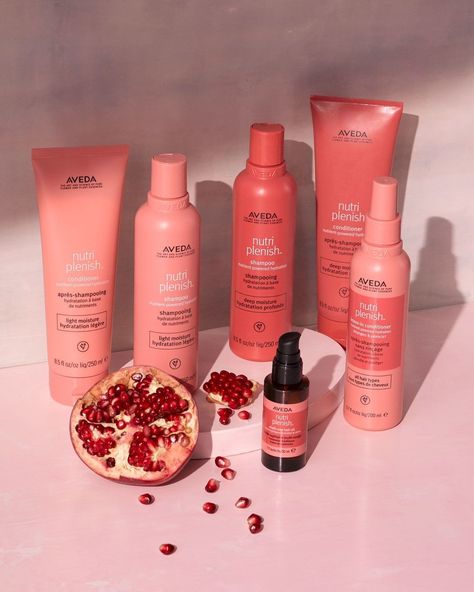 Aveda on Instagram: “Potent plant power, bottled up. New 94% naturally derived* Nutriplenish features organic pomegranate oil, mango butter, organic coconut oil…” Aveda Makeup, Aveda Hair Color, Aveda Hair, Aveda Salon, Aveda Color, Shampoo Bowls, Pomegranate Oil, Facial Waxing, Hair Therapy