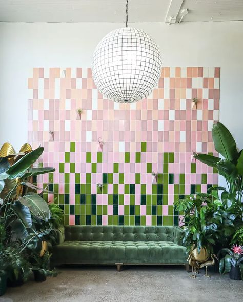 Wall Tile Patterns Interior Design, Tiled Wall Living Room, Pink And Green Tiles, Pink And Green Tile Bathroom, Tile Installation Art, Pink Floor Tile, Tiled Interior, Tiled Planter, Tiled Shelf