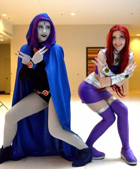 Star Fire Cosplay Diy, Star Fire Raven Costume, Star Fire And Raven Costume, Double Date Halloween Costumes, Comic Con Costumes For Women, Besties Costumes, Duo Cosplay Ideas, Star Fire Cosplay, Starfire Cosplay