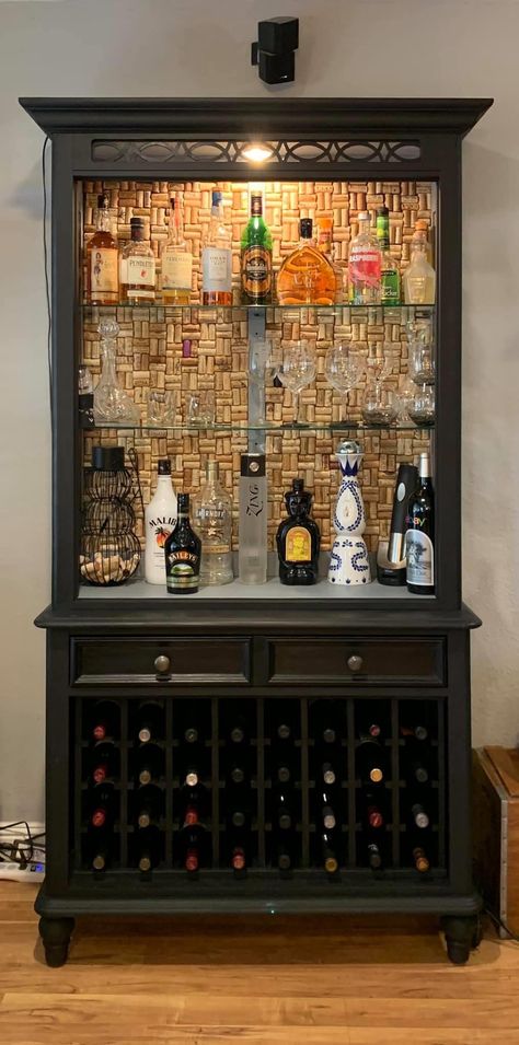 Refurbished Liquor Cabinet, Liquor Cabinet Ideas Diy, Alcohol Cupboard, Liquor Hutch, Liquor Cabinet Diy, Dresser To Bar, Bourbon Cabinet, Diy Liquor Cabinet, Diy Bar Cabinet