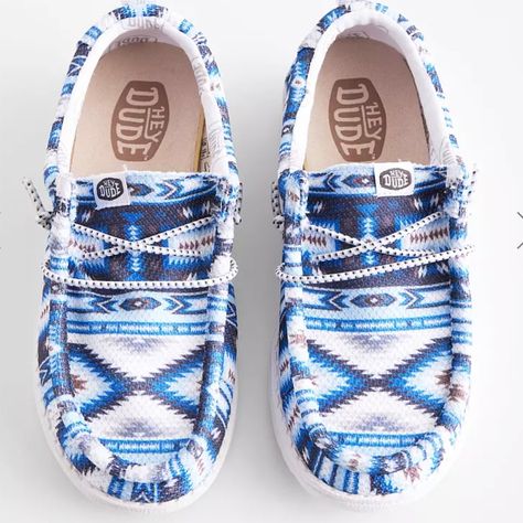 Blue And White Aztec Youth Match. Perfect For Mom Dad And Youth Matching Dudes For The Family Western Christmas List, Western Hey Dudes, Hay Dudes, Cute Hey Dudes, Dudes Shoes, Country Shoes Boots, Western Fits, Vampire Clothes, Western Shoes