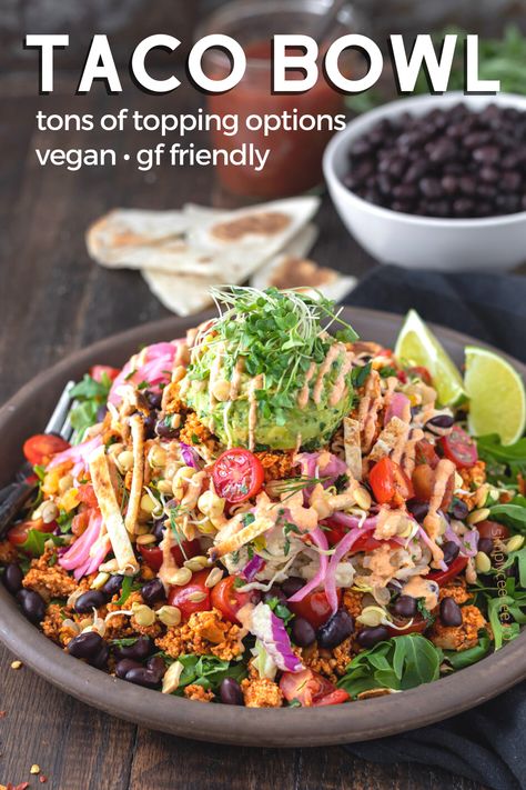 Vegan Taco Bowl Recipes, Plant Based Taco Bowl, Vegan Taco Bowl, Vegan Salad Bowl, Tofu Crumbles, Vegan Bowl Recipes, High Protein Recipes Dinner, Spicy Vegan Recipes, Nourish Bowls