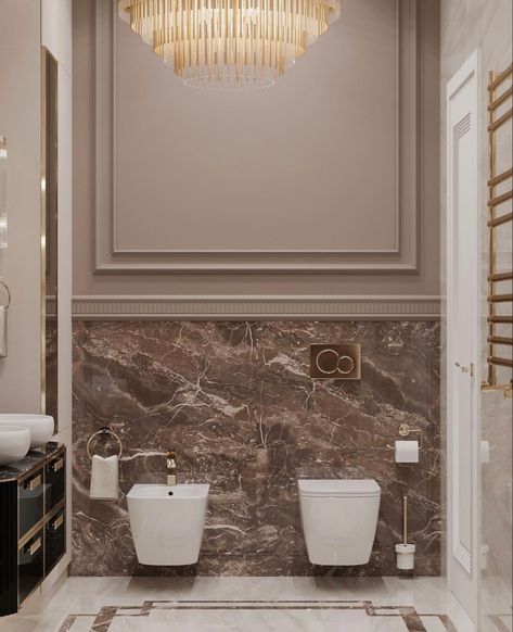 Classic Toilet Design, Wc Lighting, Classic Bathroom Design Luxury, Neoclassical Bathroom, Classic Powder Room, Rich Dubai, Marble Inlay Designs, Neoclassic Interior, Classical Bathroom