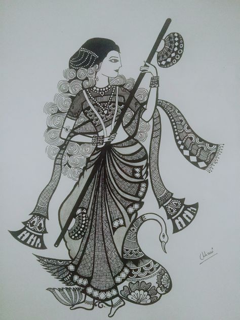 Religion Drawing, God Pic, Saraswati Mata, Mother Painting, Drawing Scenery, Pen Art Work, Pencil Sketching, Kalamkari Painting, Indian Flowers