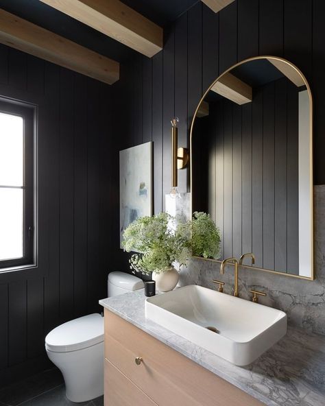 powder room • Instagram Black Powder Room Ideas, Dark Powder Room Ideas, Modern Powder Room Design, Powder Room Modern, Moody Powder Room, Powder Bathroom Ideas, Black Powder Room, Black Shiplap, Powder Room Lighting