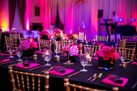 Hot Pink And Black Table Decor, Hot Pink And Gold Centerpieces, Hot Pink And Black Wedding Ideas, Pink Black Sweet 16, Black And Fuschia Wedding, Pink And Black Table Decorations, Black And Pink Table Decor, Hot Pink And Black Sweet 16, Black And Hot Pink Birthday Party