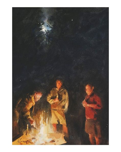 Andy Evansen,     Nocturne demo, "Campfire Moon", watercolor Campfires Photography, Andy Evansen, Moon Watercolor, Scene Drawing, Watercolor Sunset, Watercolor Mountains, Painting People, Fire Art, Watercolor Trees