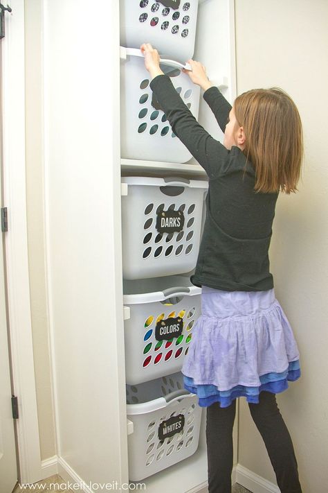 DIY Laundry Basket Organizer (...Built In) | Make It and Love It Laundry Room Hamper, Laundry Basket Organizer, Laundry Diy, Laundry Basket Dresser, Diy Laundry Basket, Smaller Homes, Laundry Basket Storage, Small Living Spaces, Basket Laundry