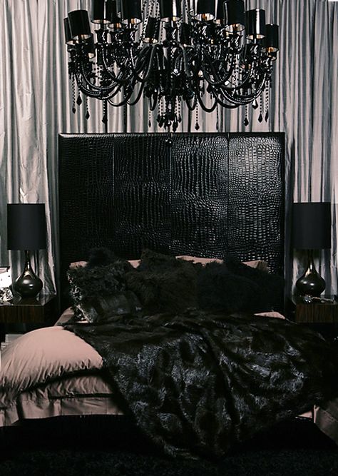 black and grey Satanic Aesthetic, Black Leather Bed, Dark Bedrooms, Gothic Bedroom, Dark Decor, Glam Bedroom, Black Headboard, Romantic Bedroom, Leather Bed